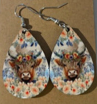 Highland Cow with Flowers Dangle Earrings